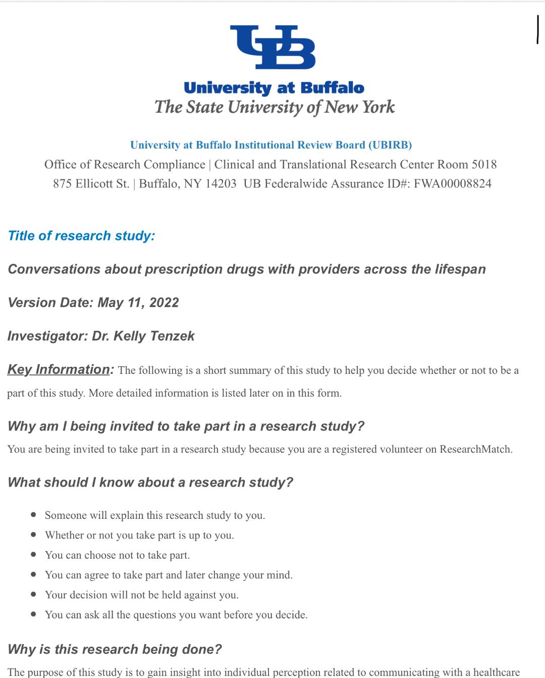 Behavior &  Experiences Study - University of Buffalo