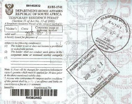 South African Visa - Johannesburg Stamp to Zambia 